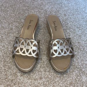 Neiman Marcus Gold Slip On Circle Pattern Wedge Espadrille Sandals